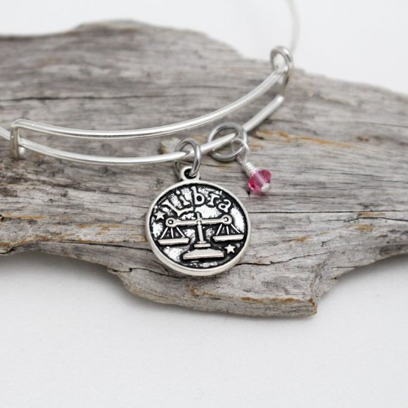 October Libra Adjustable Charm Bangle - Handmade Zodiac Bracelet - Picture 4 of 13